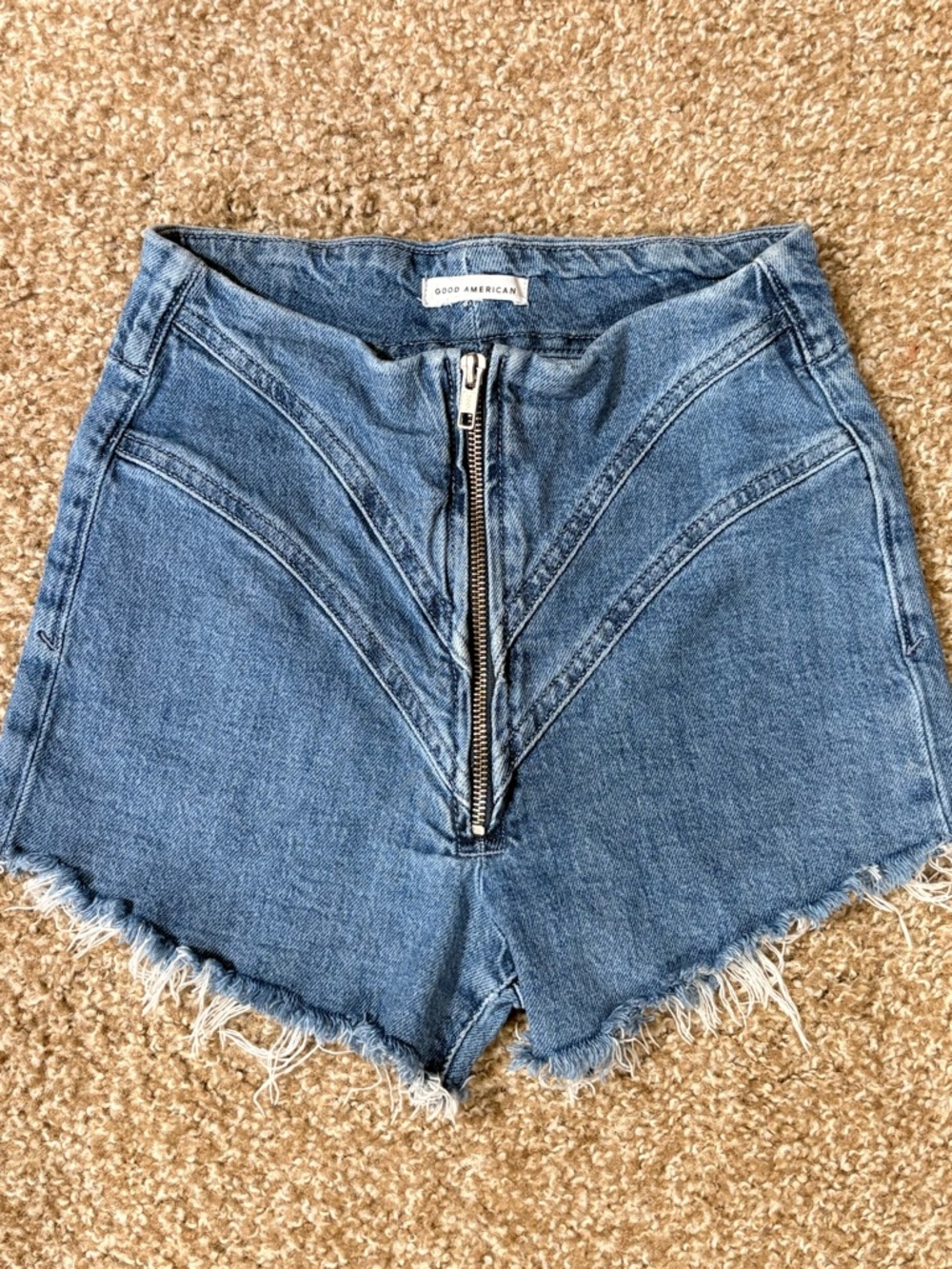 Good American Washed Blue High-Rise Zip-Front Denim Shorts